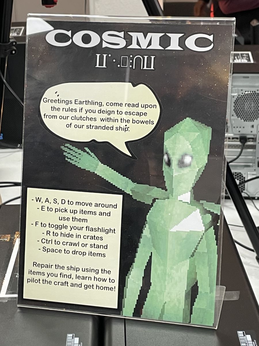 Cosmic placard with instructions and a low-poly alien inviting you to play the game